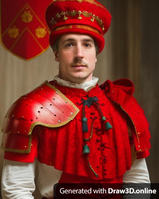 a complete portrait of a english man of the XIV century in armour, red surcoat with no moustache
