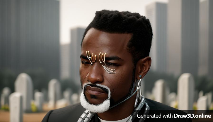 realistic unreal engine style, image of a black man with a grey small goatie , dressed in black , wearing an african beed chain at a funeral 
open exterior cemetery in the background
looks sad 
day time