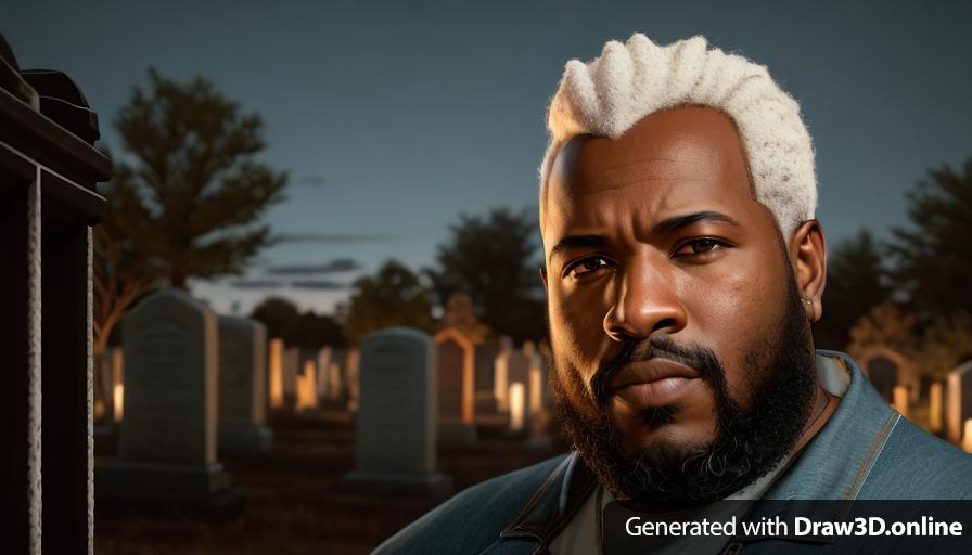 realistic unreal engine style, image at night of a black  man with a beard and a clean cut, wearing blue overalls looking sad , a Cemetery and tombstone in the back ground