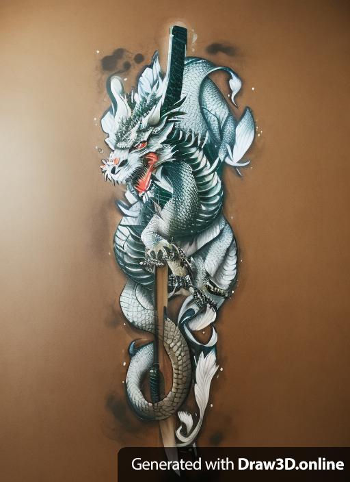 a Japanese dragon wrapping around a katana Japanese sword for a tattoo same layout as original drawing