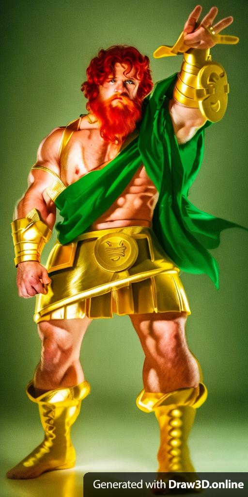 a photo of the redhead Greek god Zeus  character with a beard dressed in a green toga with a gold belt