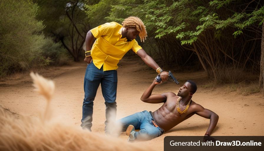 a portrait of an African man pointing a gun at another African man with blond hair on the ground