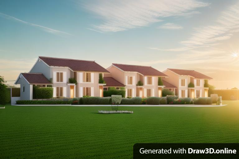 A render of a row of houses with a garden in the background