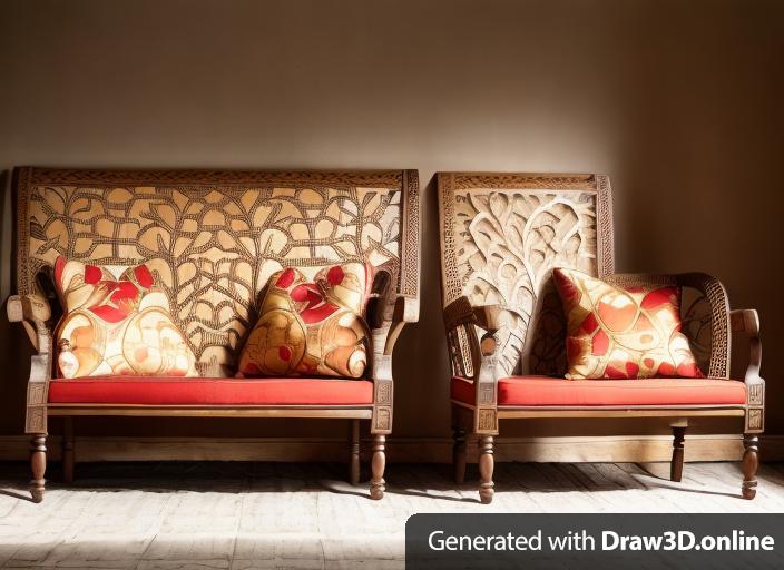 a photo of a carved wood sofa with pomegranate design, with rattan weaving weaving arms with 10 cm diameters, with light brown cushion