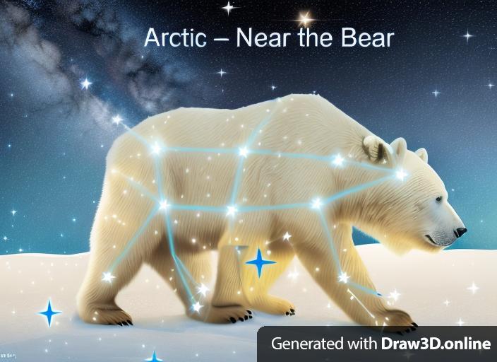 Create an image of a realistic polar bear in a starry night setting. The polar bear should be in the same pose as the one in the provided sketch. Within the silhouette of the polar bear, include a constellation that closely resembles Ursa Major or Ursa Minor, with the stars at key points matching the bear's anatomy, such as the eyes, ears, spine, and paws. Make sure the polar bear's fur texture, colors, and appearance are as photo-realistic as possible, and the surrounding environment should evoke a serene Arctic night