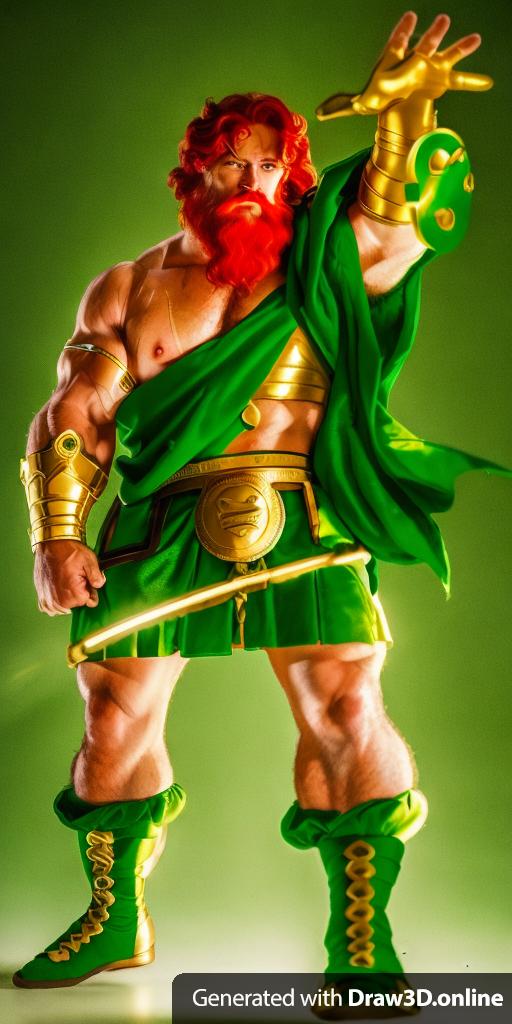 a photo of the redhead Greek god Zeus  character with a beard dressed in a green toga, green skirt with a gold belt