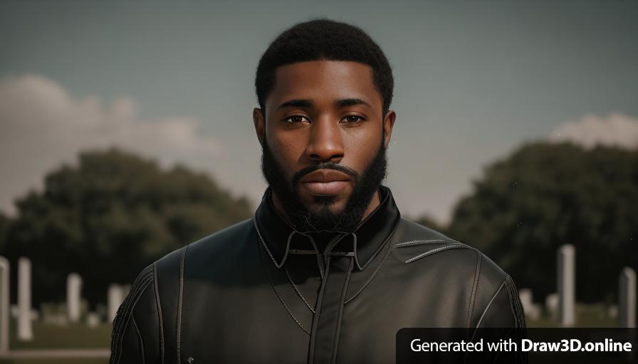 realistic unreal engine style, image of a black man with a beard , dressed in black , at a funeral 
open exterior cemetery in the background
looks sad 
day time