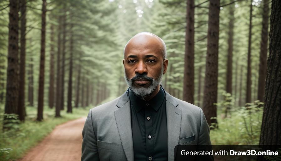 a realistic un real engine style image  of a black short bald man with some grey in his beard walking

forest in the back ground