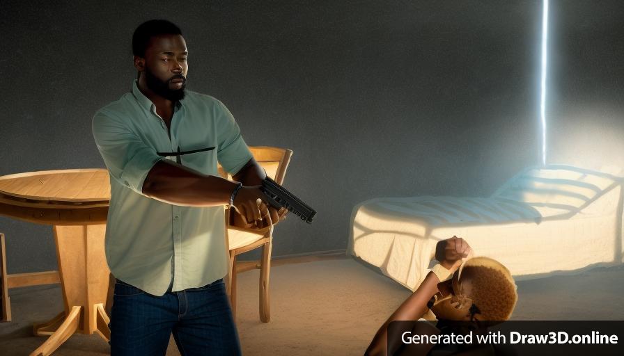 Imagine a dark room with dramatic lighting. In the Center, there's an African man with a beard, wearing a blue shirt, who is pointing a gun at another African man with blonde hair. The second man is on the floor, he has blond hair, pleading for his life.