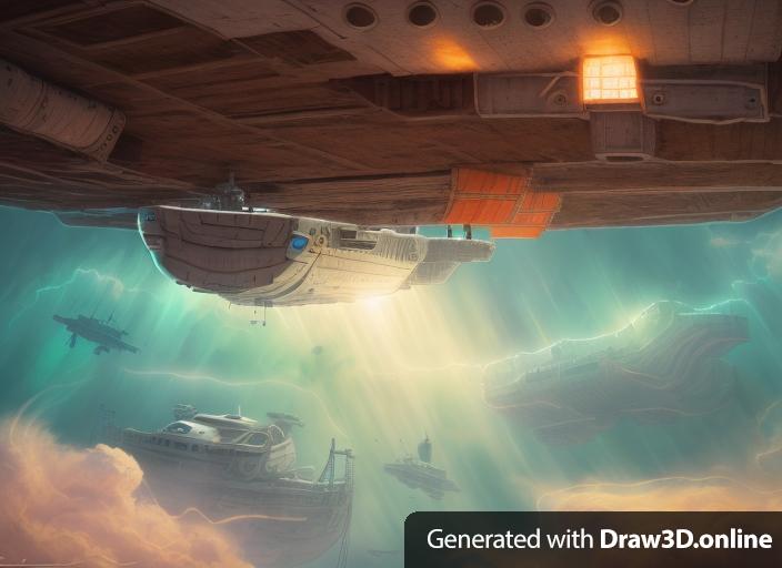 Fantasy art image of a spacecraft docked to the underside of a floating barge