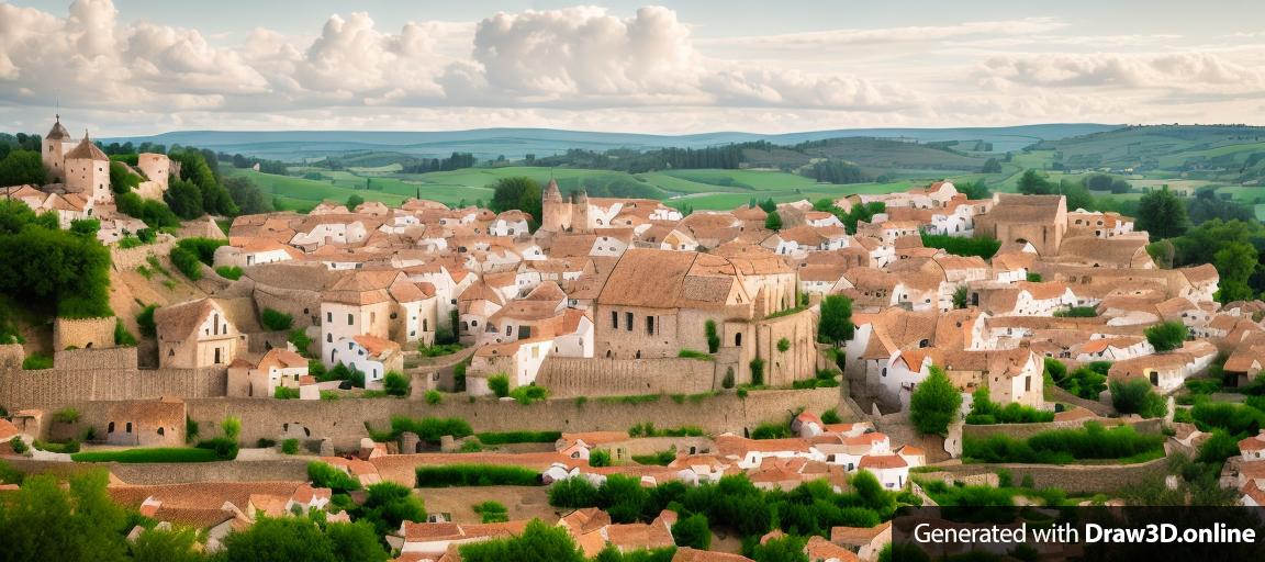 medieval town in countryside, white buildings with red roofs