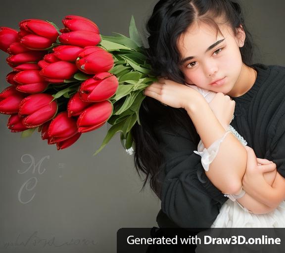 A portait of an 18 year old girl with black hair and black eys, holding a bunch of tulips, with one fist supporting the cheek and the other touching the shoulder