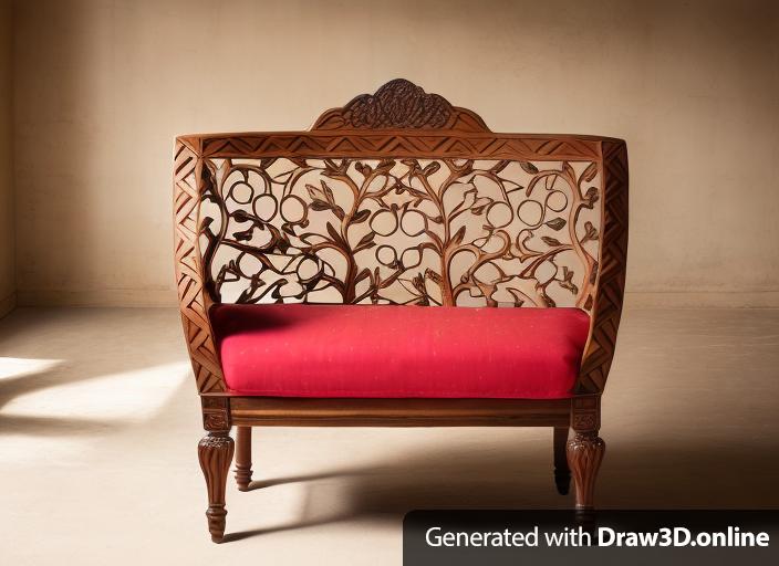 A chair ls with wood carved in pomegranate inspiration, with light brown bottom cushion. Modern classic style