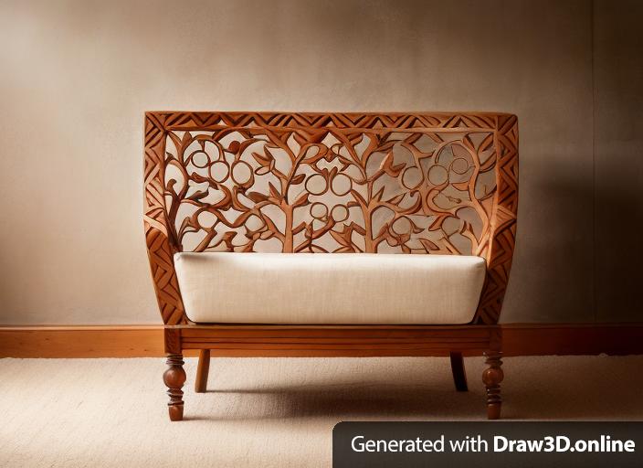 A chair ls with wood carved in pomegranate inspiration, with light brown bottom cushion, with solid wide legs