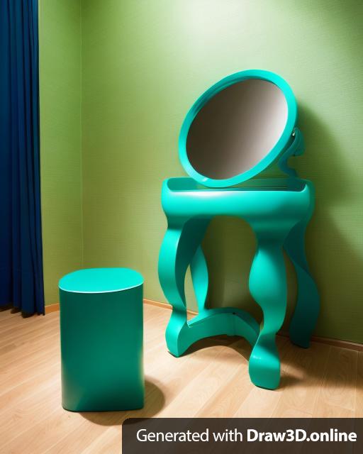 A primary blue, wavy, and tubular vanity with a green circular mirror. A  green tubular stool is sitting near the vanity.
