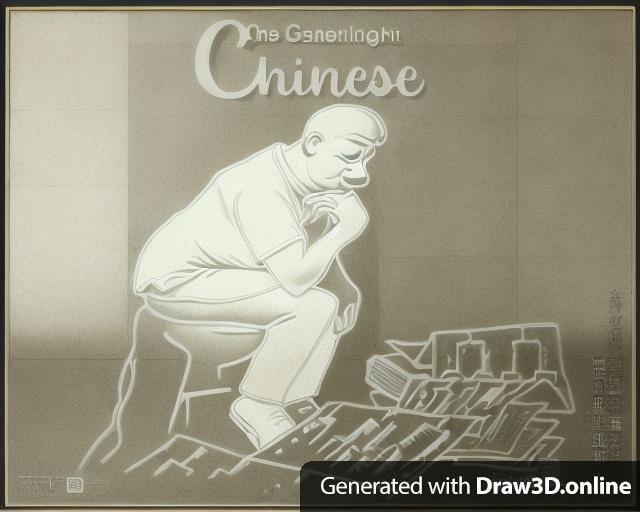 middle aged chinese man, sitting on toilet, thinking, with chin resting on right hand like rodin's the thinker, with genealogy charts at his feet.  white background. no words or caption