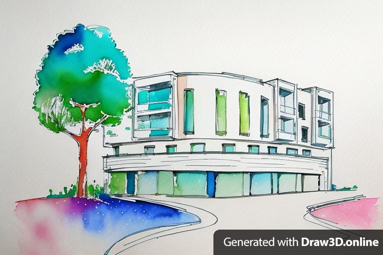 watercolors drawing of an architecture building, a large tree, in the vector style, simple design, with colorful brush strokes, and colorful dynamic paint splashes, in the clip art style, with white space around the drawing