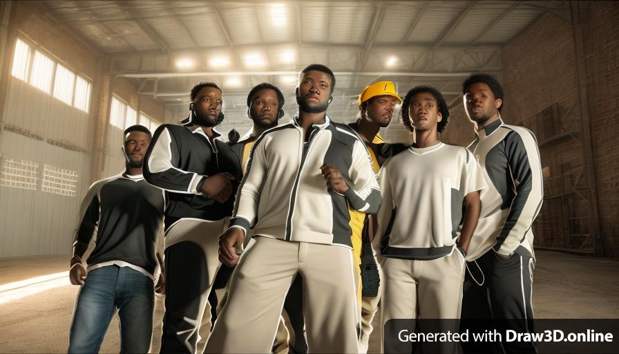 realistic unreal engine style image of a group of black men standing in a warehouse