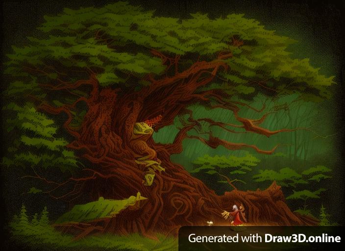 This evil tree eating a turtle. Dark fantasy art anime style Japanese block print