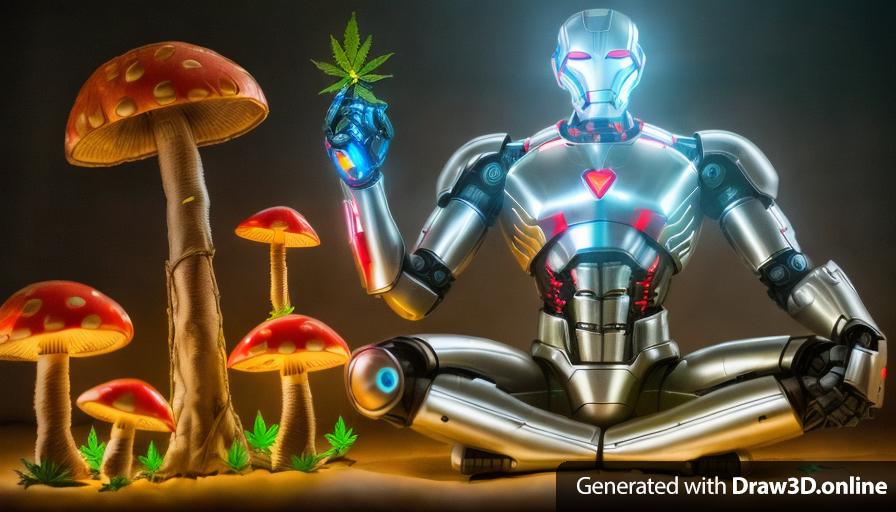 1*subject-ultron*robot doing Padmasana, holding cannabis leaf)
 background mushrooms and marijuana