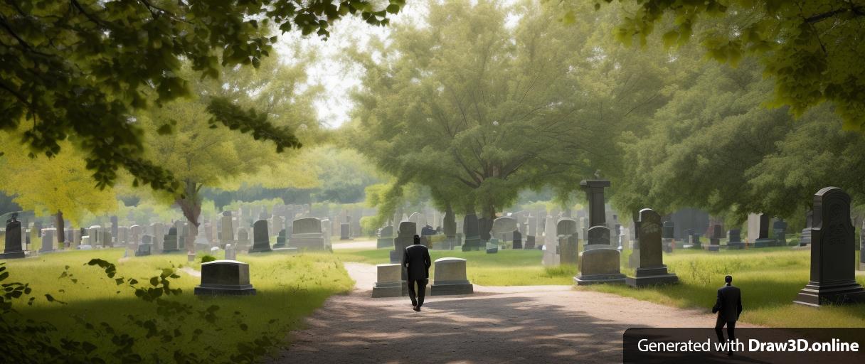 realistic unreal engine image of a black man dressed in black is walking away from a cemetery