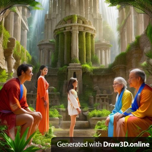 There are 5 people in the ancient hanging gardens.  A teenage girl stands between four adults, dressed in ancient clothes and sandals.  She stares at the audience, a look of concern on her face. On the left a 65 year old woman with glasses and a 50 year old man sit side by side, wearing ancient robes.  On the right a 42 year old mother stands, and a 45 year old man sits.  The garden includes ancient architecture with columns and spires, verdant trees and vines hanging from the buildings.  Water flows through canals in the garden and cascades down waterfalls in the background.