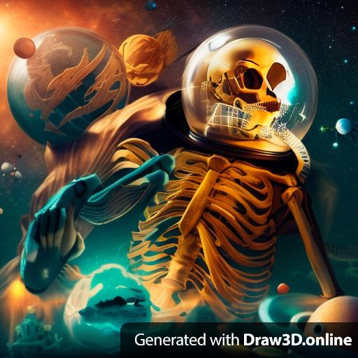 skeleton with space helmet and coi fish in space with planets around them