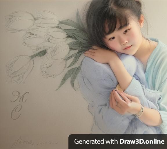 A portait of a chinese girl about 18 years old, holding a bunch of tulips, with a text "me" to the bottom left of the drawing and a signature below