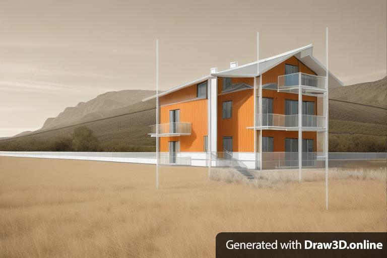 An image of the project of a house. It is an orange handguard house with handguard columns. You can see the guidelines drawn in pencil by the architect.