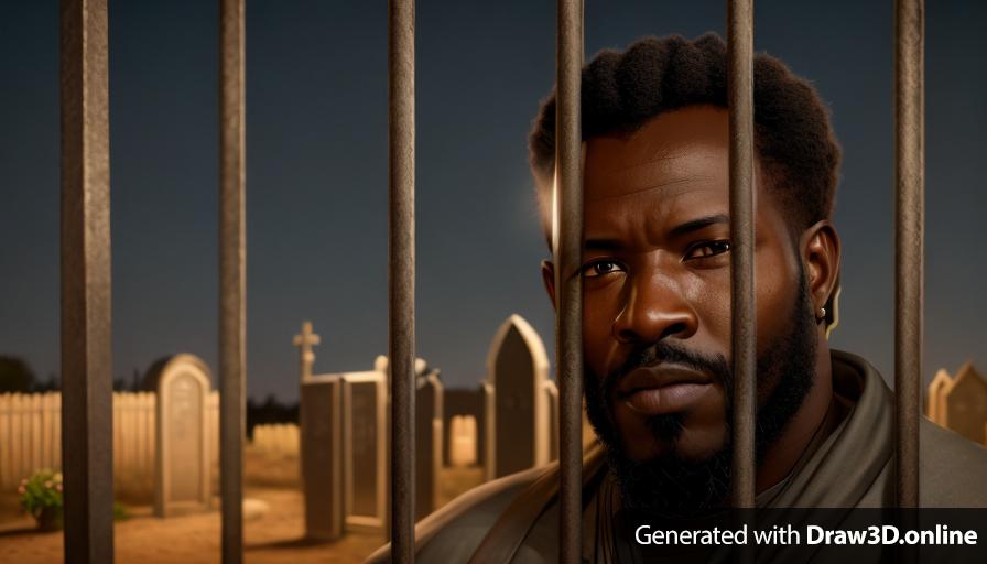 realistic unreal engine style image of an African man with a beard standing behind a gate ,  a open cemetery in the background at night