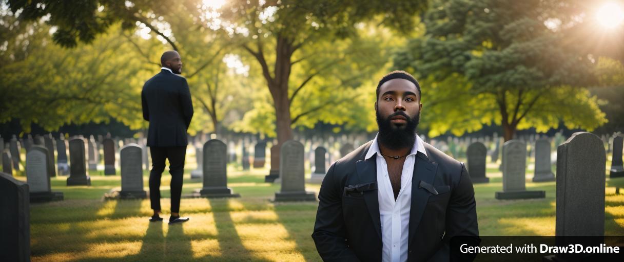 a black man in dressed in black with a beard standing in a cemetery