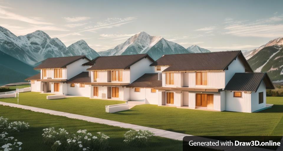 A rendering of a row of white houses, mountains in the background.
