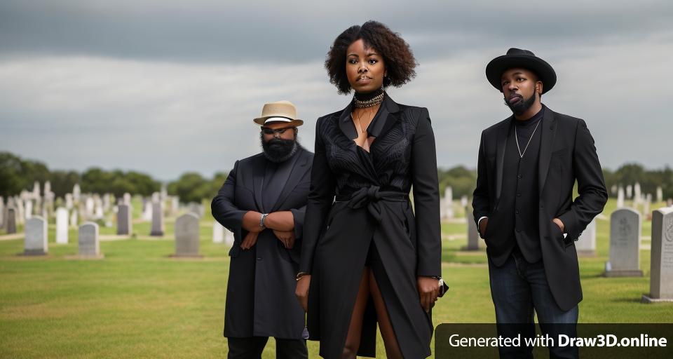 Three black people standing  AT A CEMETERY,
The black woman with short hair is in the middle , is dressed in only black, she does not have a beard 
The black man on the left is  56 year old man,  with a small goatee beard
The black man on the right has a beard 
day time, they are not wearing hats