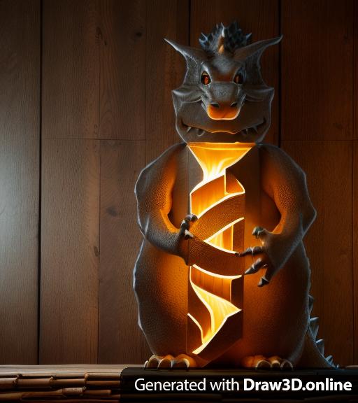 a photo of a dragon with one hand on his back, one on his belly. The dragon is carved out of a log of wood.