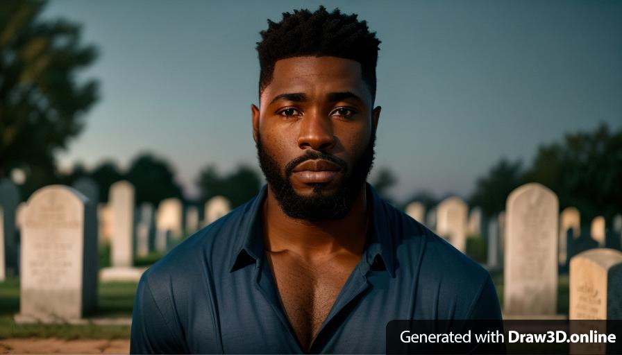 realistic unreal engine style, image of a black man with a beard and a very low cut , wearing a only blue shirt and kneeling down  looking very sad  at a cemetery on a dark night