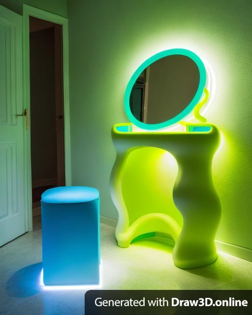 A bright primary blue wavy and tubular vanity with a chartreuse circular mirror and a snake wrapping around it. A chartreuse tubular stool is sitting near the vanity.