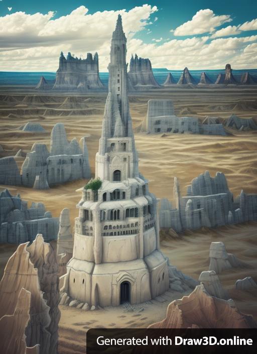 An art neuvo concrete skyscraper in the badlands. A monolithic gothic tower. In a painted fantasy art style