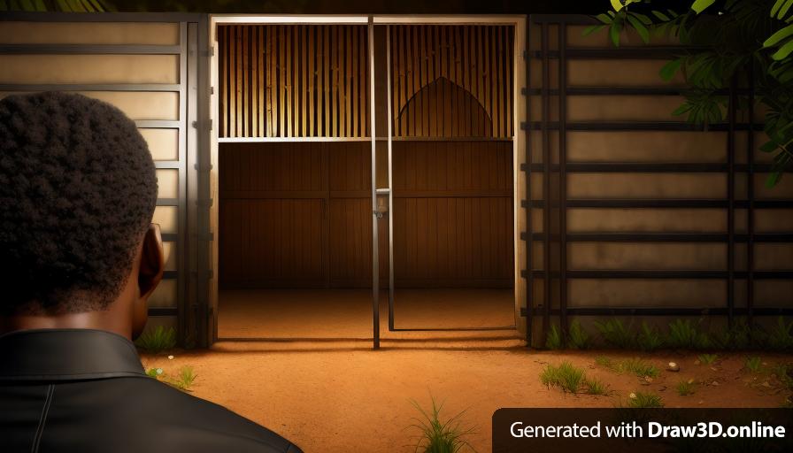 realistic unreal engine style image of an African man standing in front of a gate on a dark night
- second man in Silhouette standing at the gate